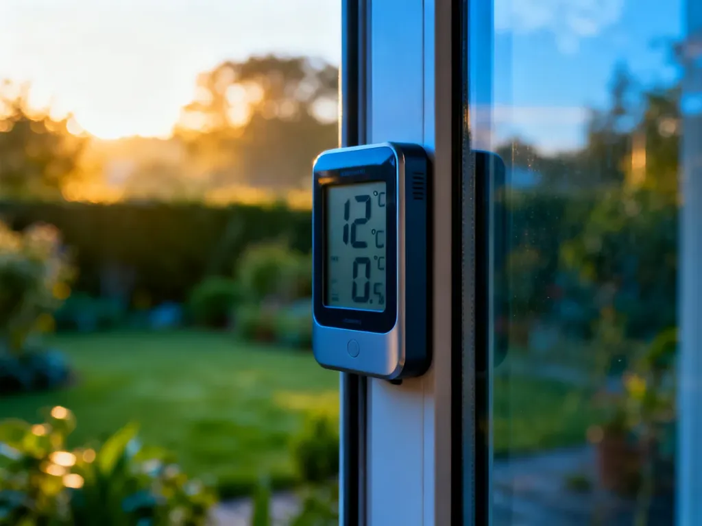 Nowoczesny termometr cyfrowy zamontowany na szybie okiennej, prezentujący odczyt temperatury na tle zielonego ogrodu.