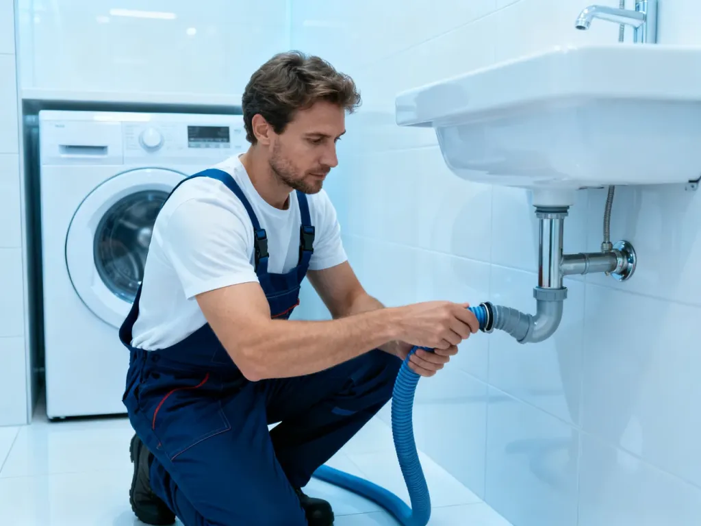 Hydraulik podłącza wąż odpływowy pralki do instalacji ściennej w nowoczesnej pralni.