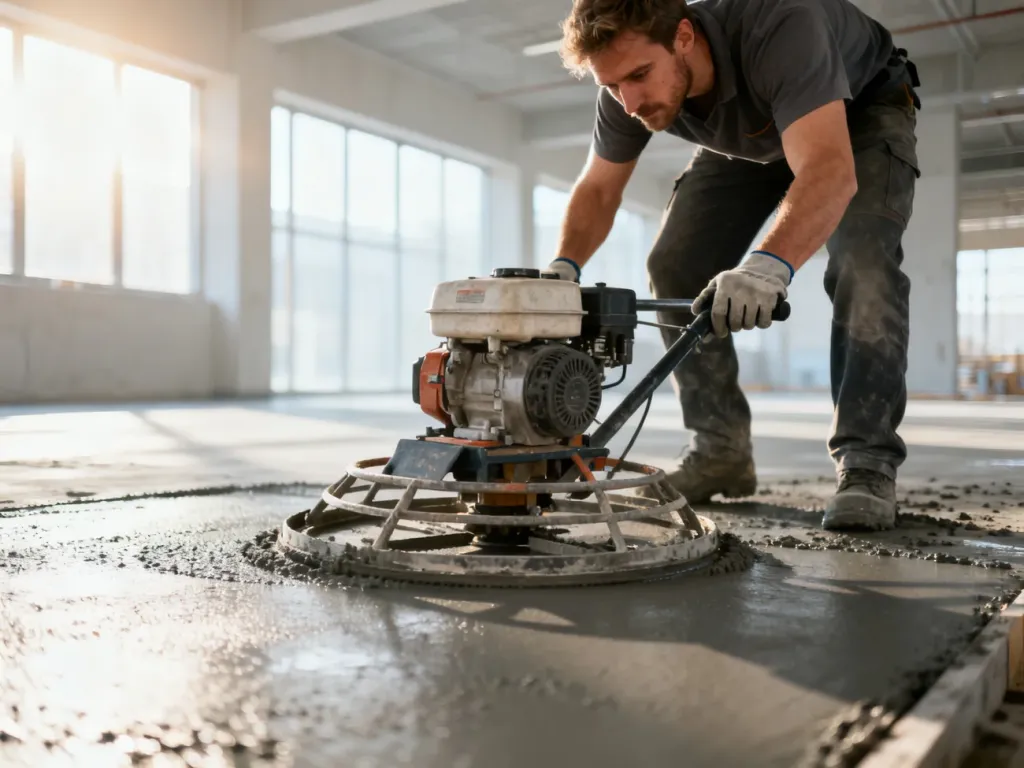 Pracownik budowlany wygładza świeżą wylewkę betonową przy użyciu zacieraczki mechanicznej w nowoczesnym wnętrzu.